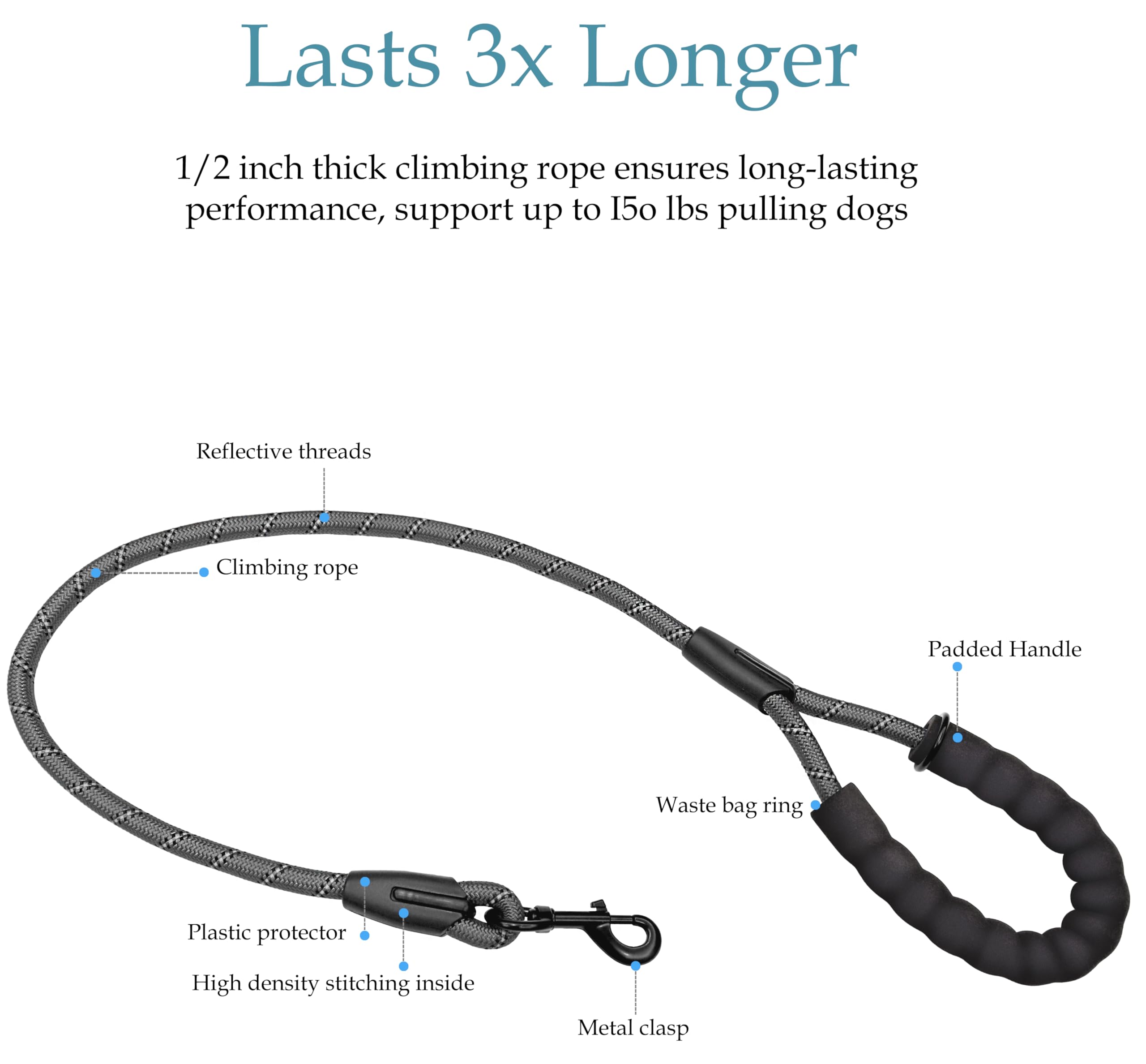Drgxle double dog leash with reflective stripe for night visibility