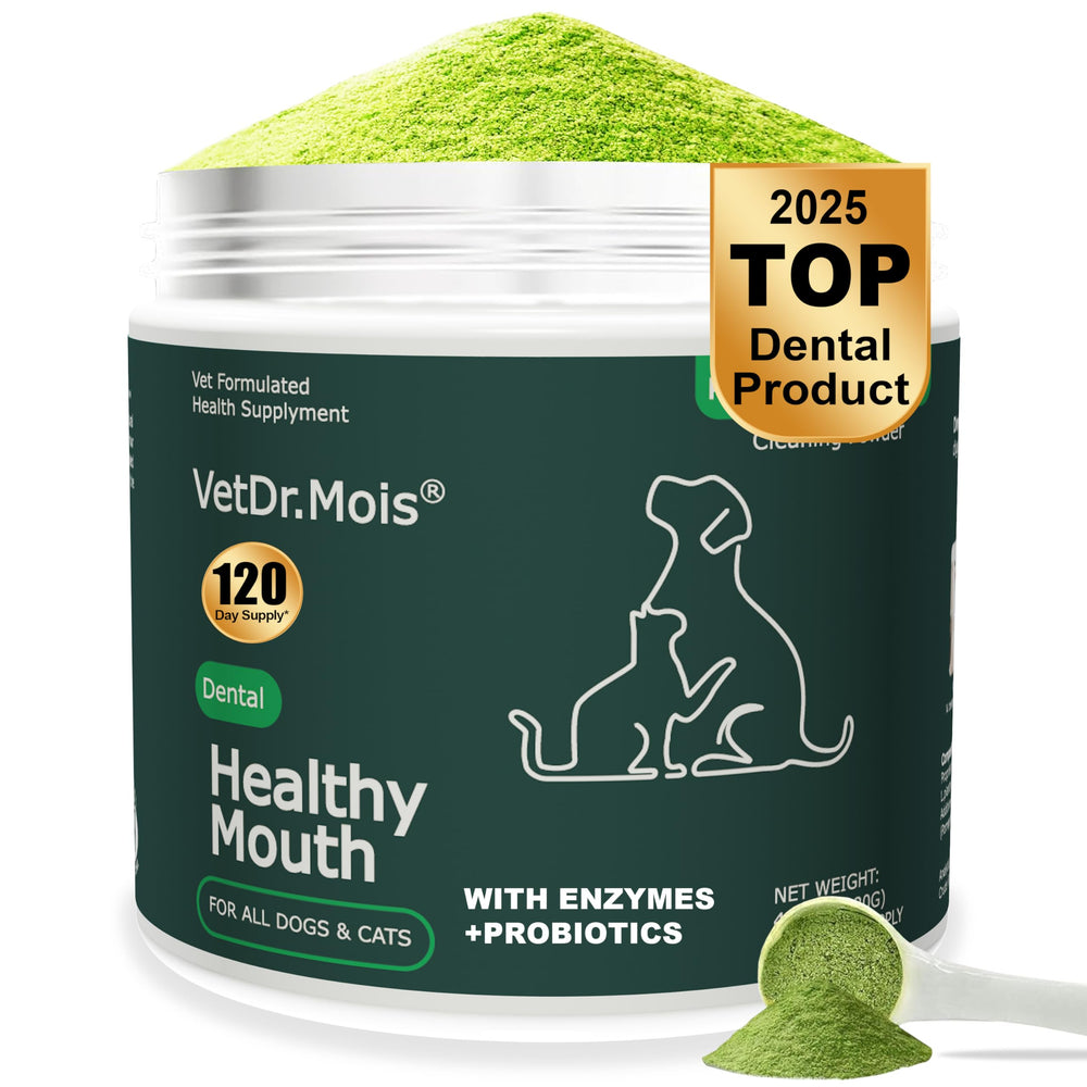 DRMOIS dog teeth cleaning powder tub ready for simple daily dental care.