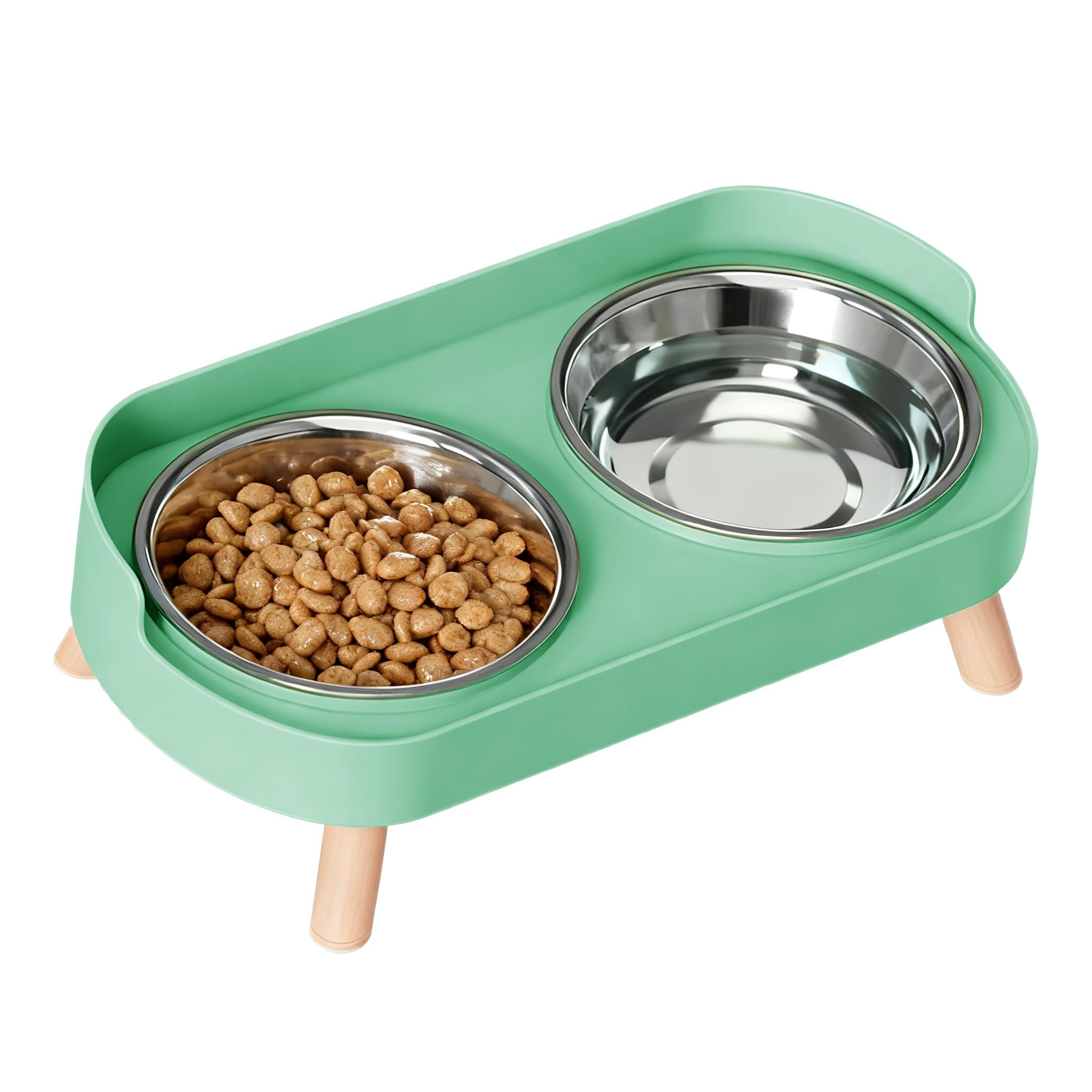 DROHOO elevated cat bowls on green stand reduce whisker fatigue during meals.