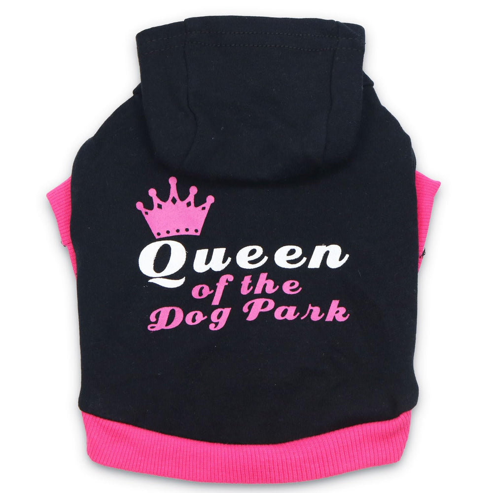 DroolingDog girl-dog-hoodie hood close-up highlights queen-of-the-dog-park print