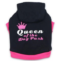 DroolingDog girl-dog-hoodie hood close-up highlights queen-of-the-dog-park print