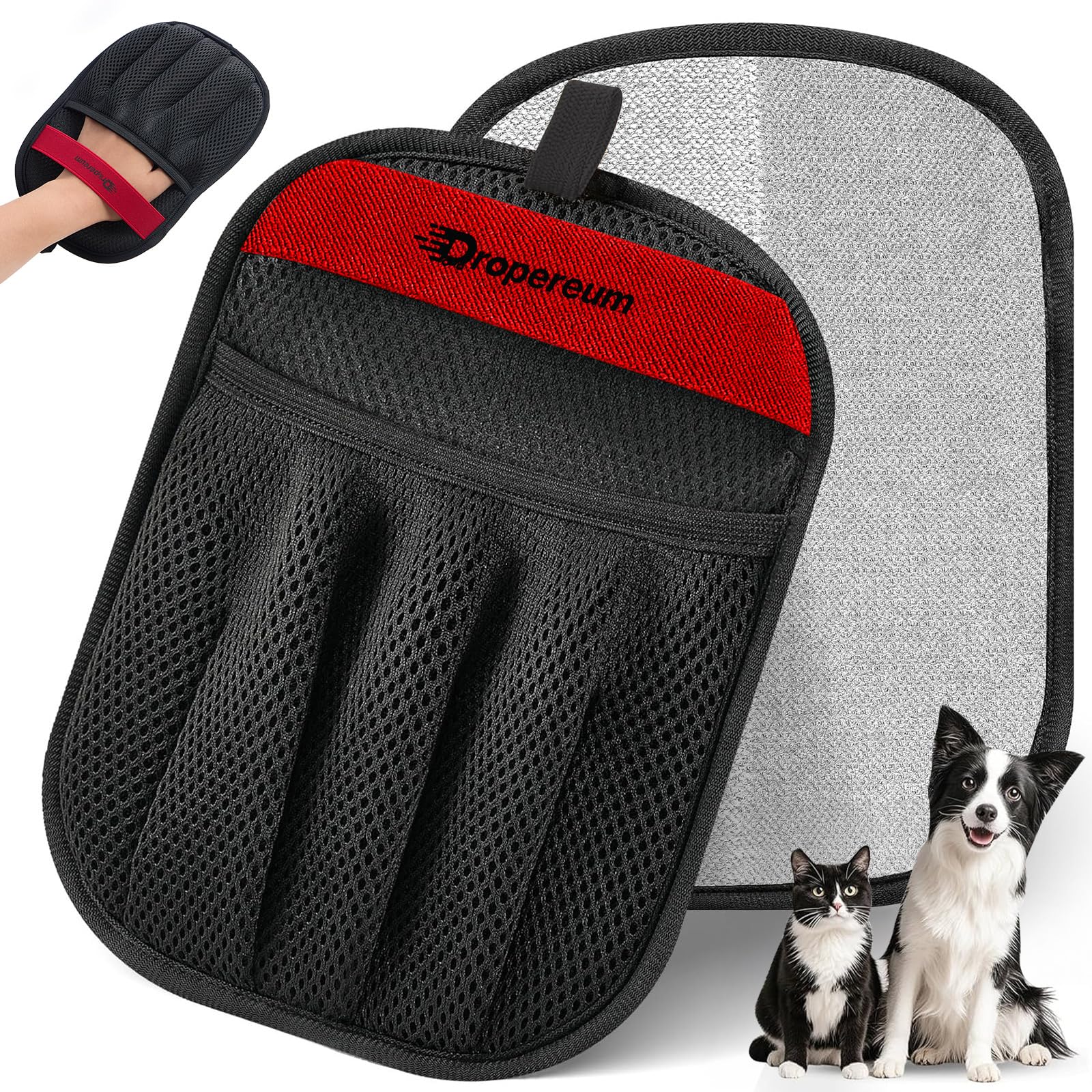 Dropereum pet hair removal glove close-up shows electrostatic lift for quick fur removal.