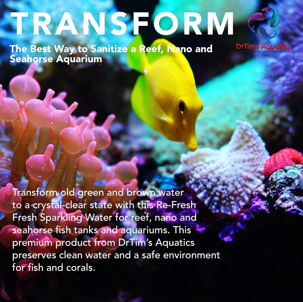 DrTim’s Aquatics Re-Fresh Reef label-closeup highlights natural formula and simple maintenance.