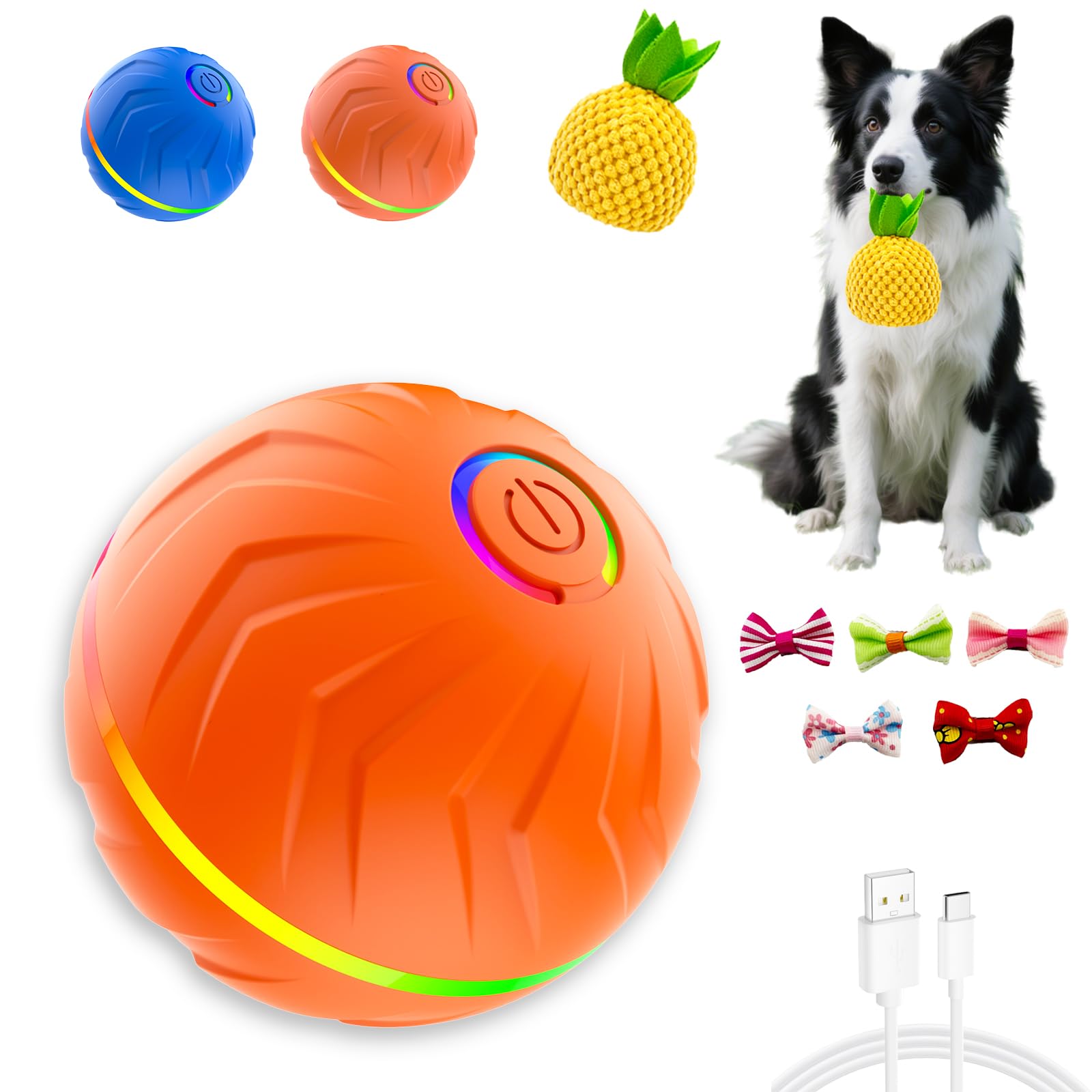 DRVUXBIL interactive dog ball close-up—chew-resistant shell with LED lights for attention