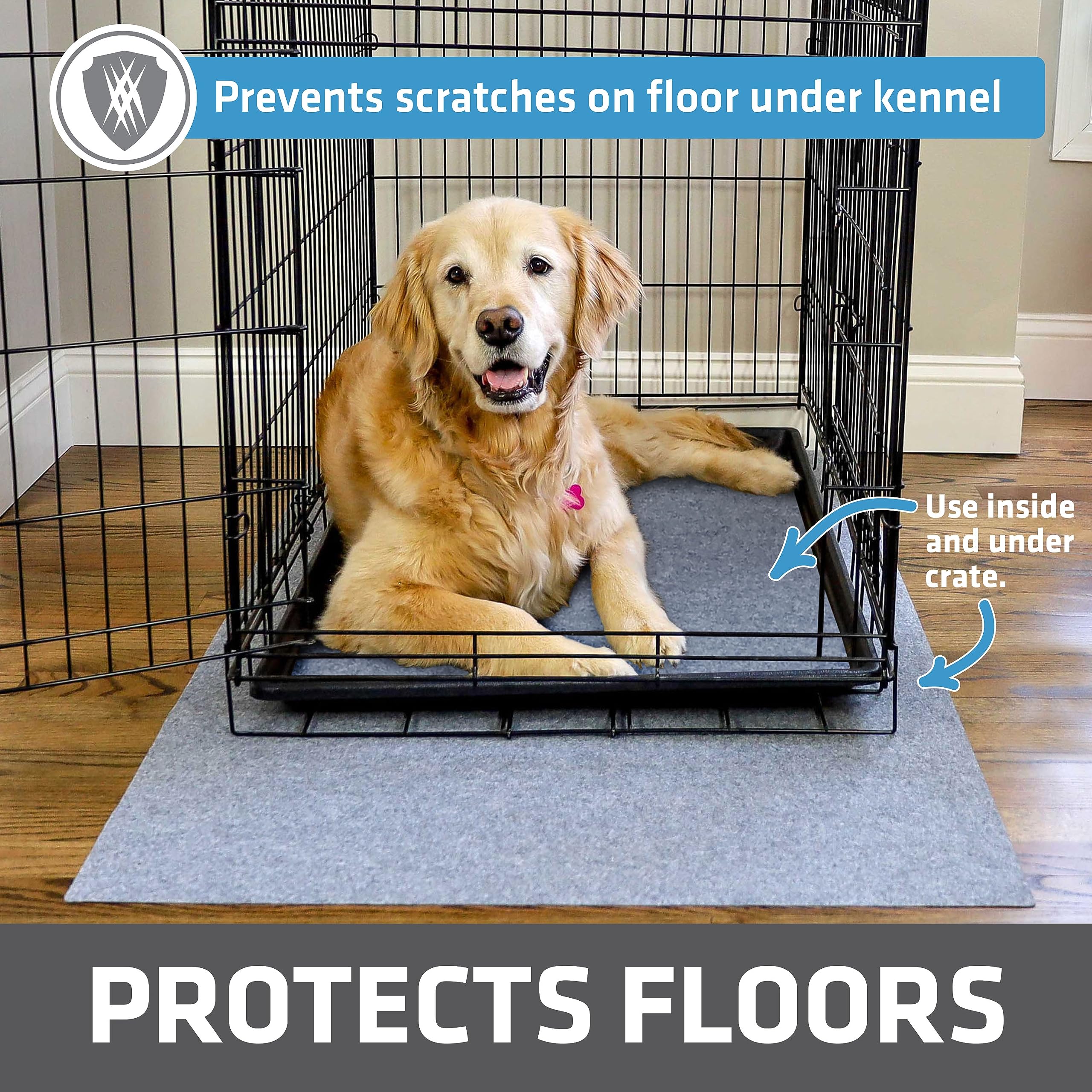 Drymate Dog Crate Mat with waterproof backing protects floors from moisture.