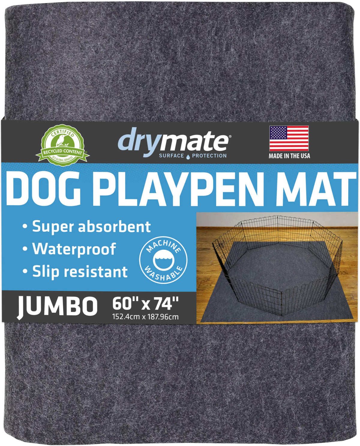 Drymate Jumbo Dog Playpen Mat front view shows training space and size