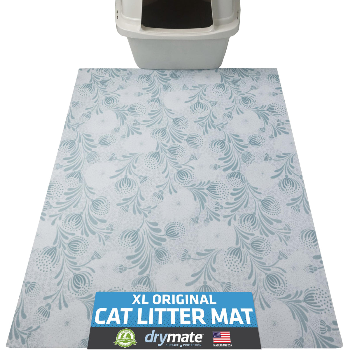 Drymate XL cat litter mat blue floral top view reduces tracking and keeps floors clean