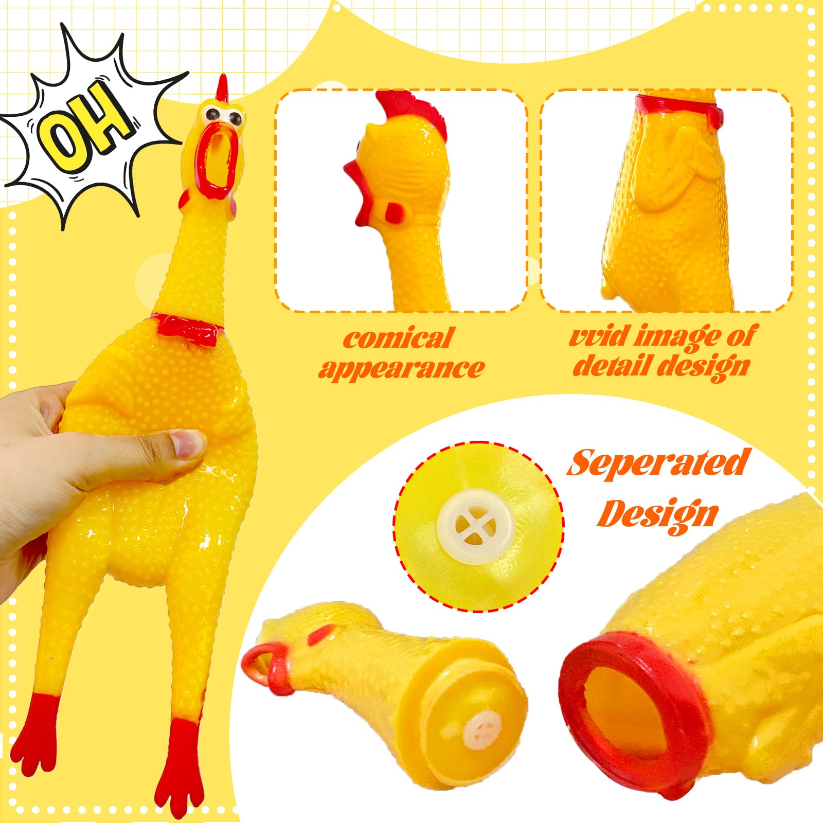 Dshengoo yellow rubber chicken closeup highlights durable material and high-pitched sound.