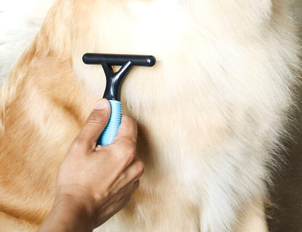 DSKRUI undercoat rake dog grooming session illustrates safe, gentle brushing during use.