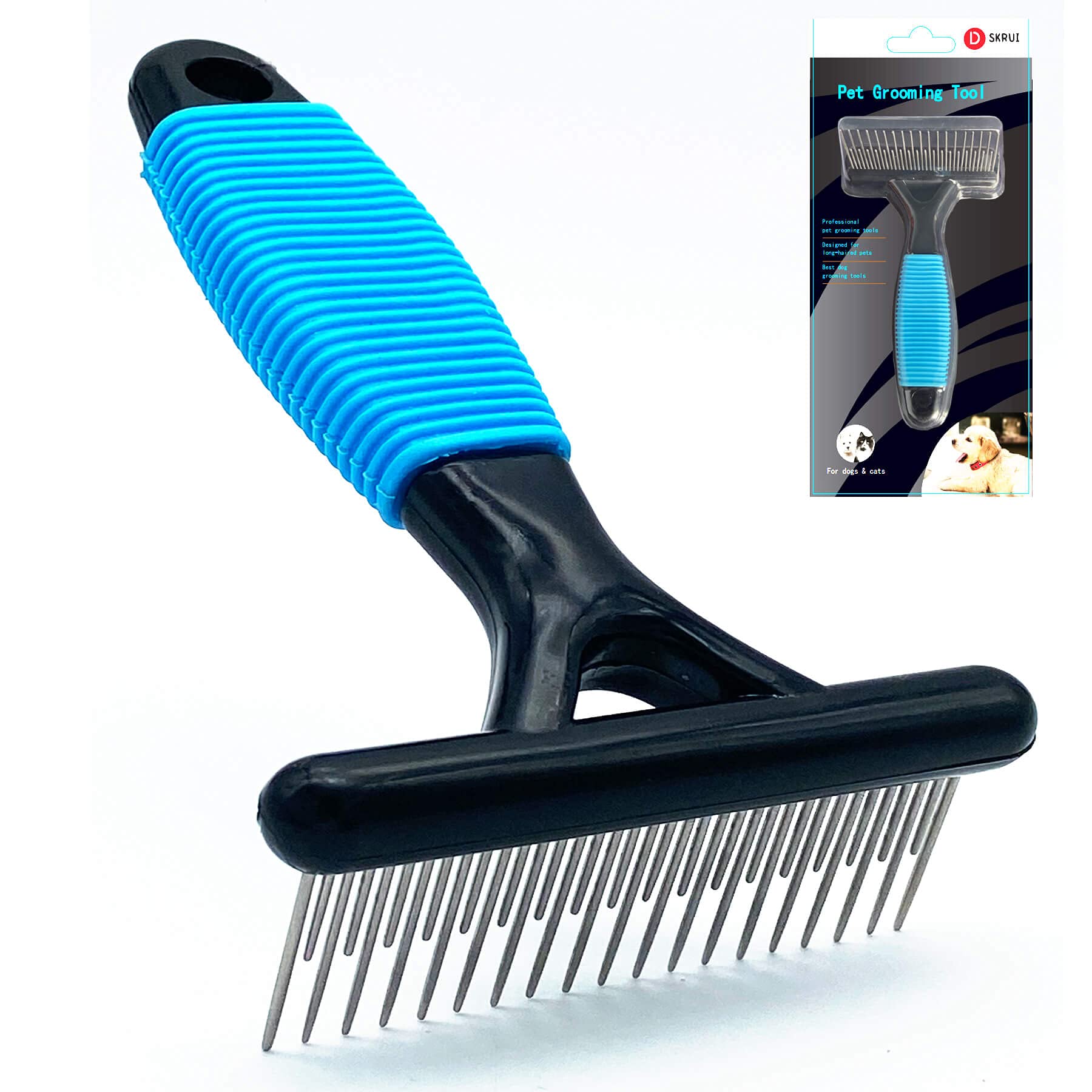 DSKRUI undercoat rake ergonomic handle closeup for a comfortable grooming grip.