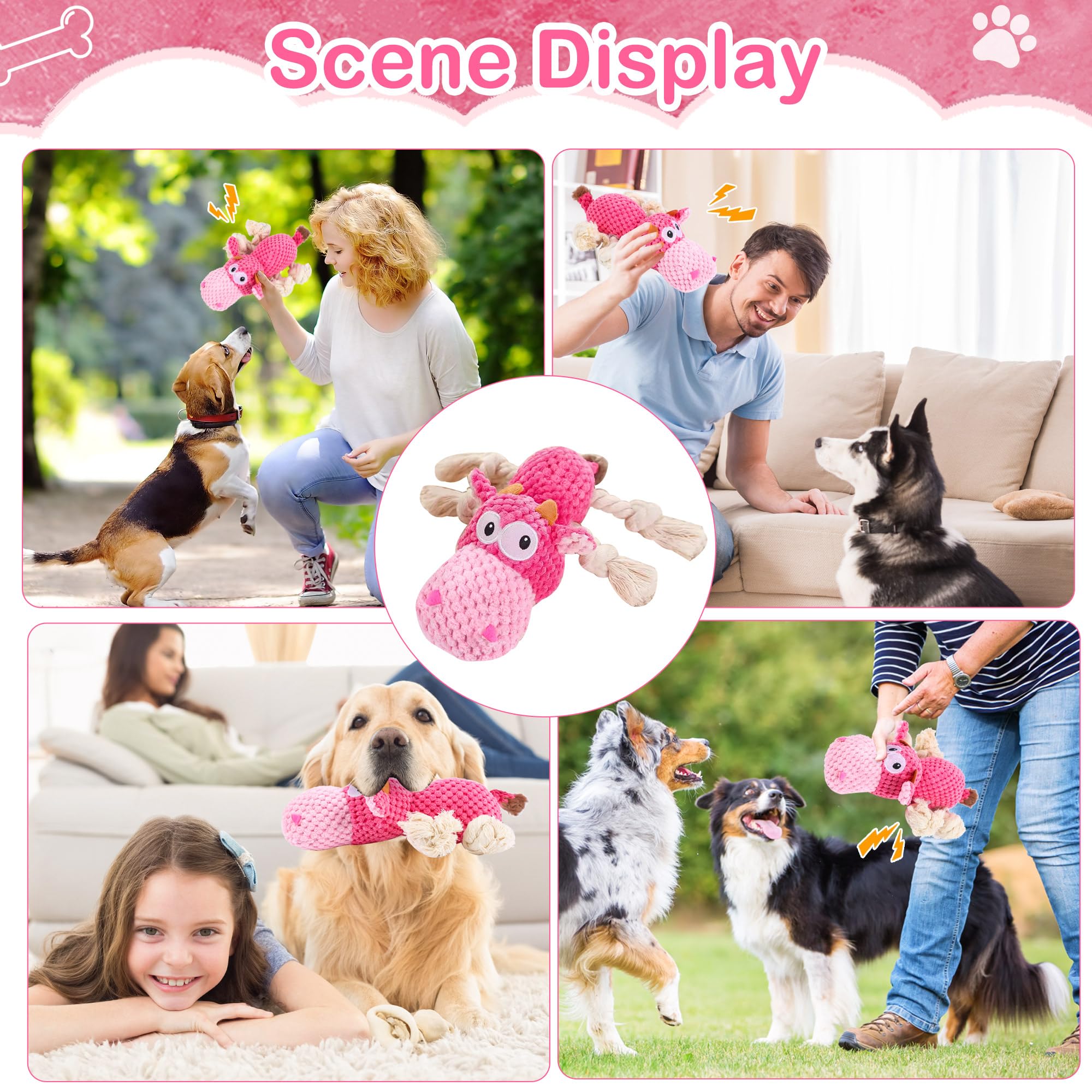 DSUMD dog squeak toy rope-tug showcases built-in rope for tug-of-war fun.