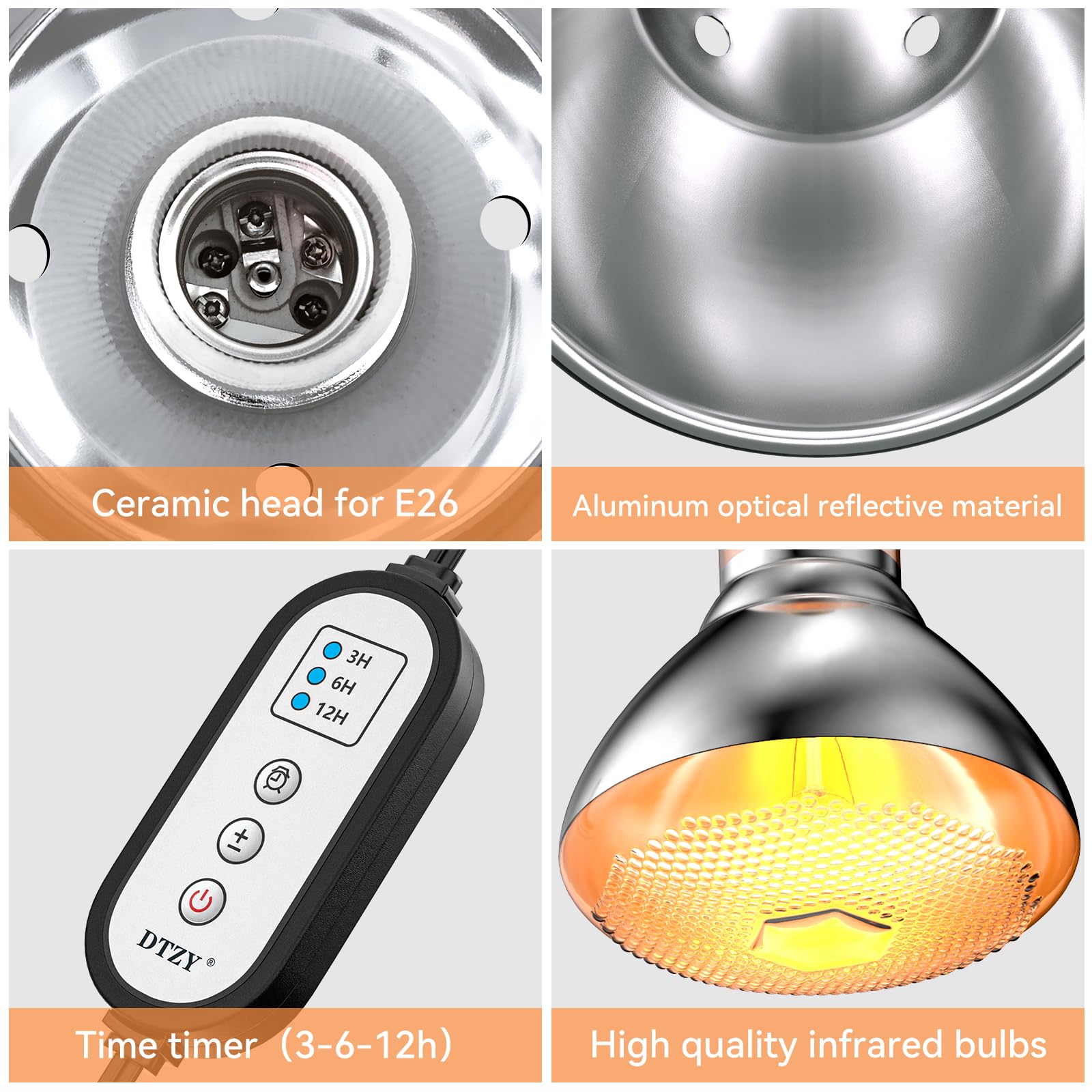 DTZY Reptile Light Fixture 7inch deep dome side view with timer controls in action