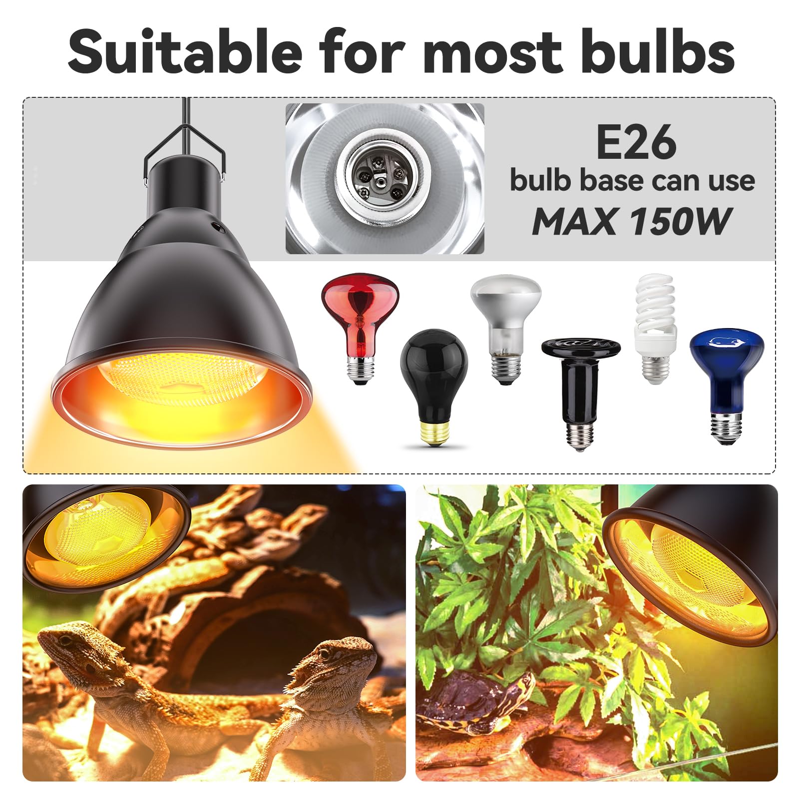 DTZY Reptile Light Fixture e26 ceramic-head compatible for custom bulb setups