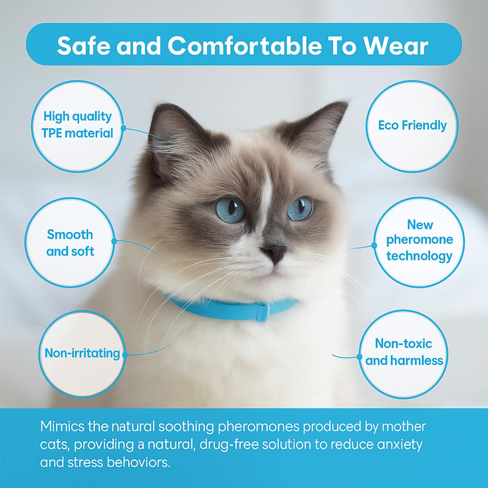 Duasdne Calming Collar in use on a cat, suggesting calmer moments during vet or loud events.
