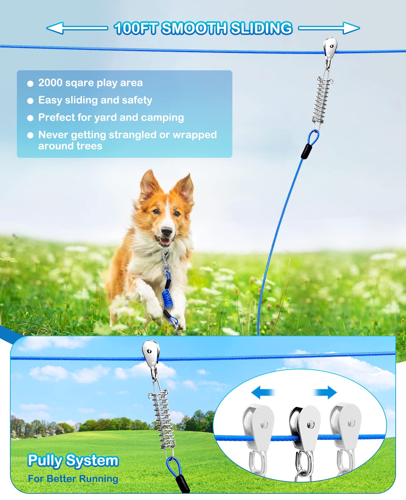Duckygoo dog trolley system with pulley promotes smooth sliding