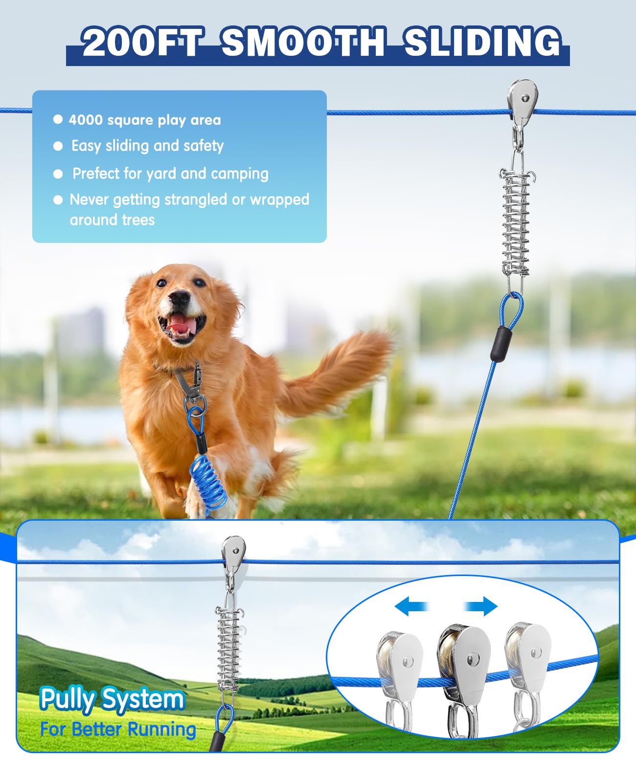 Duckygoo vinyl-coated dog run cable resists rust for long outdoor use.