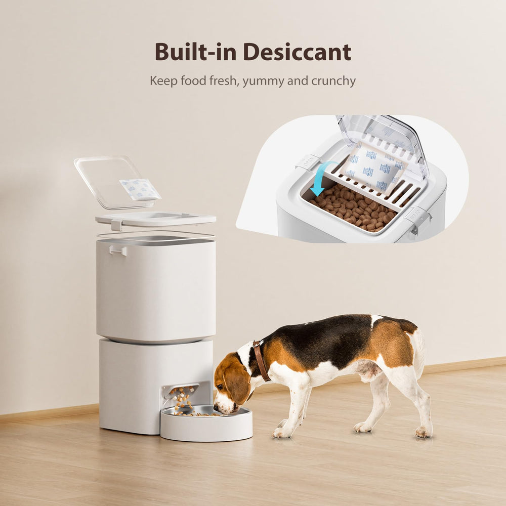 DUDUPET dual power supply offers wall and battery back-up for uninterrupted feeding.