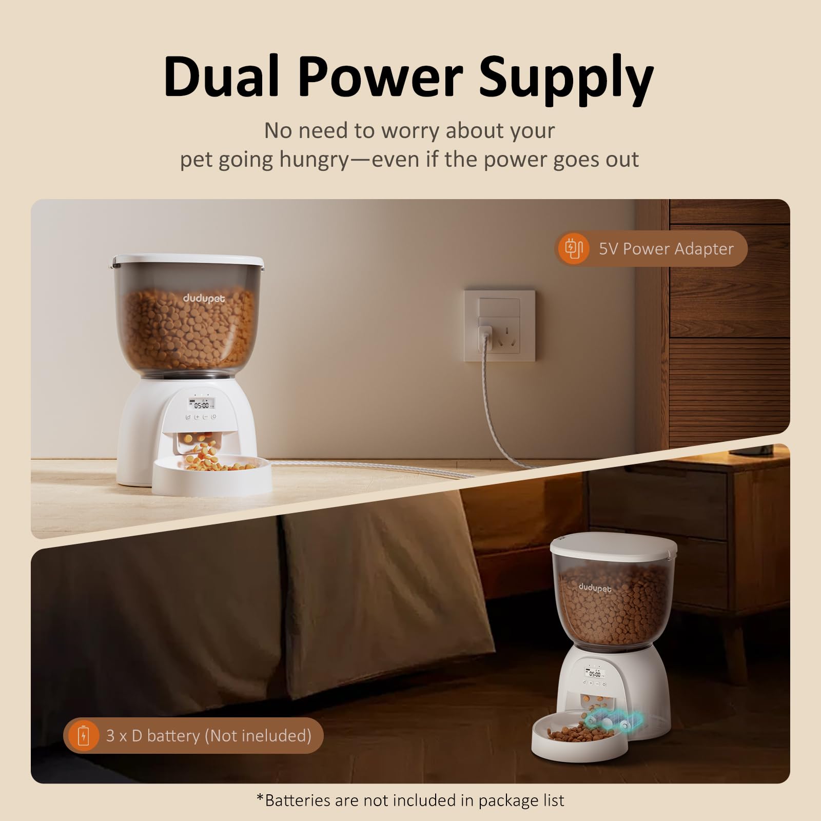 DUDUPET dual-power supply supports adapter and batteries for uninterrupted feeding.
