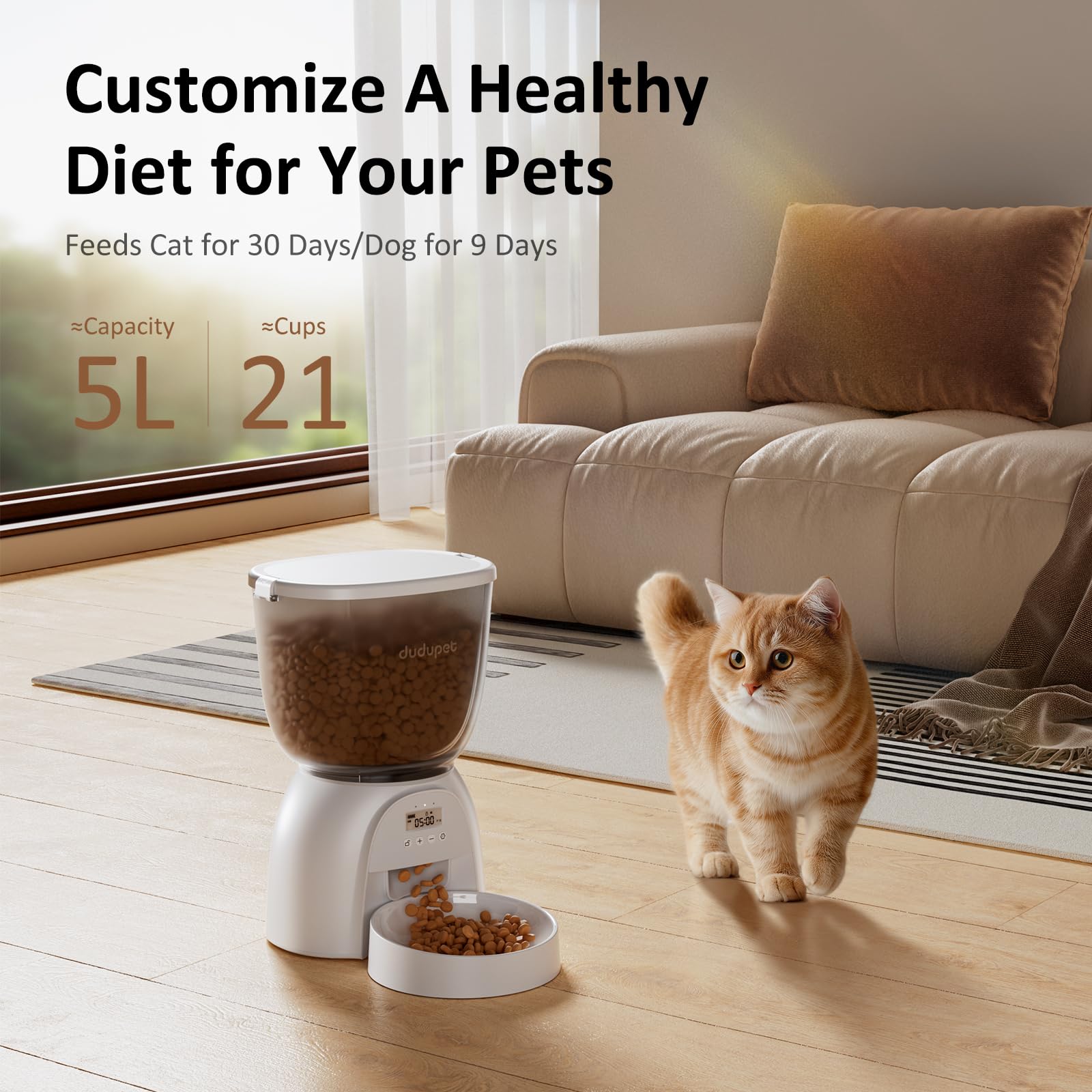 DUDUPET LCD interface enables quick setup and easy scheduling for consistent meals.