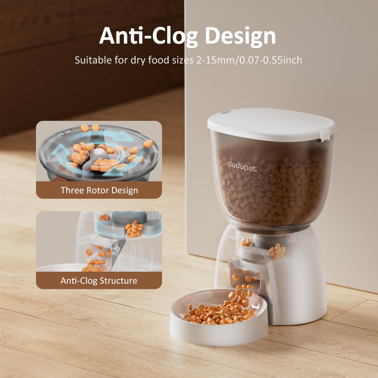DUDUPET sealed food container with desiccant preserves kibble freshness.