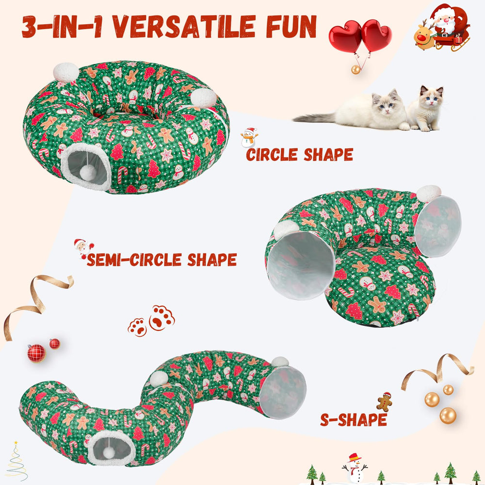Due Felice cat tunnel green with dangling balls invites interactive batting fun.