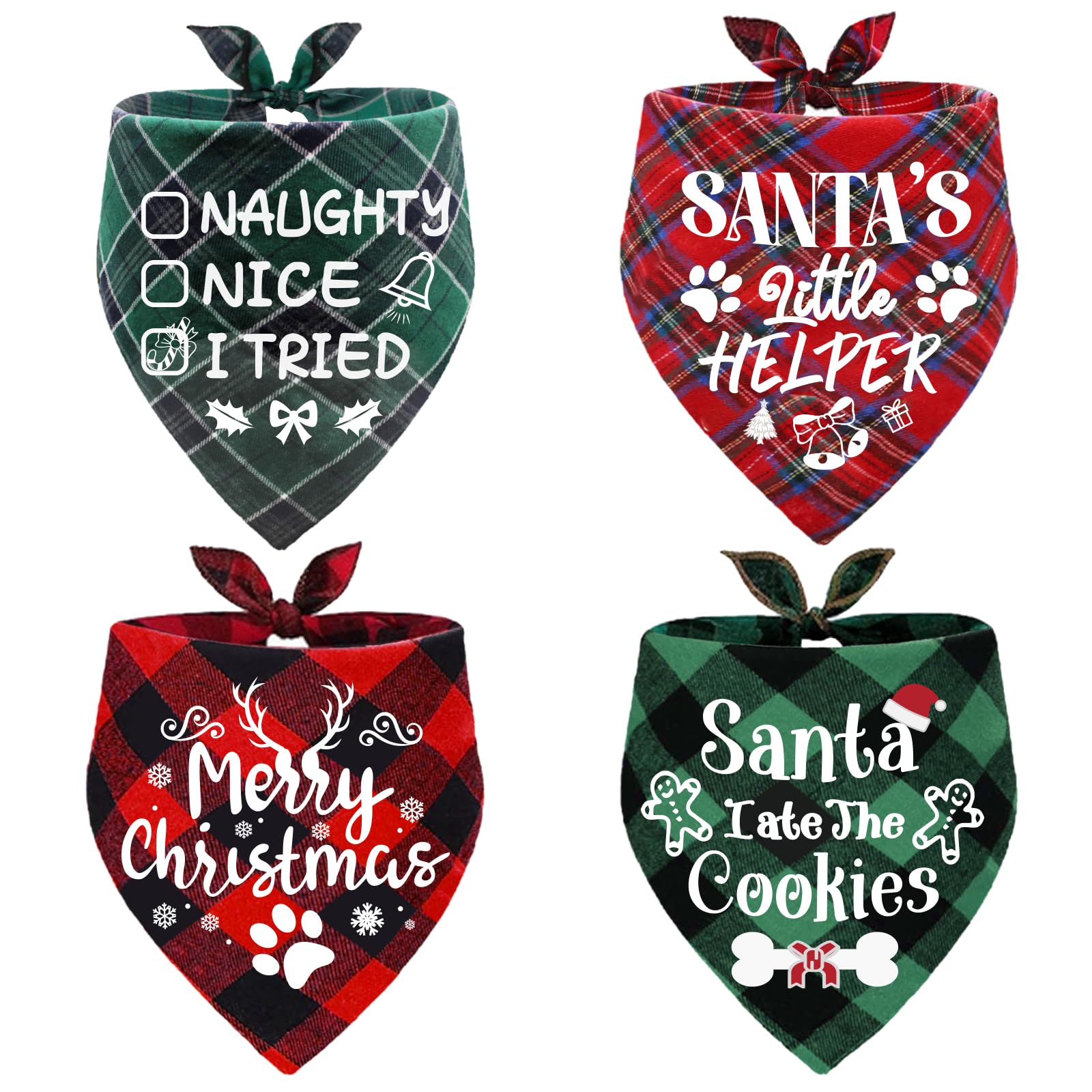 duludulu Merry Christmas Dog Bandana front plaid design for festive pet outfits.