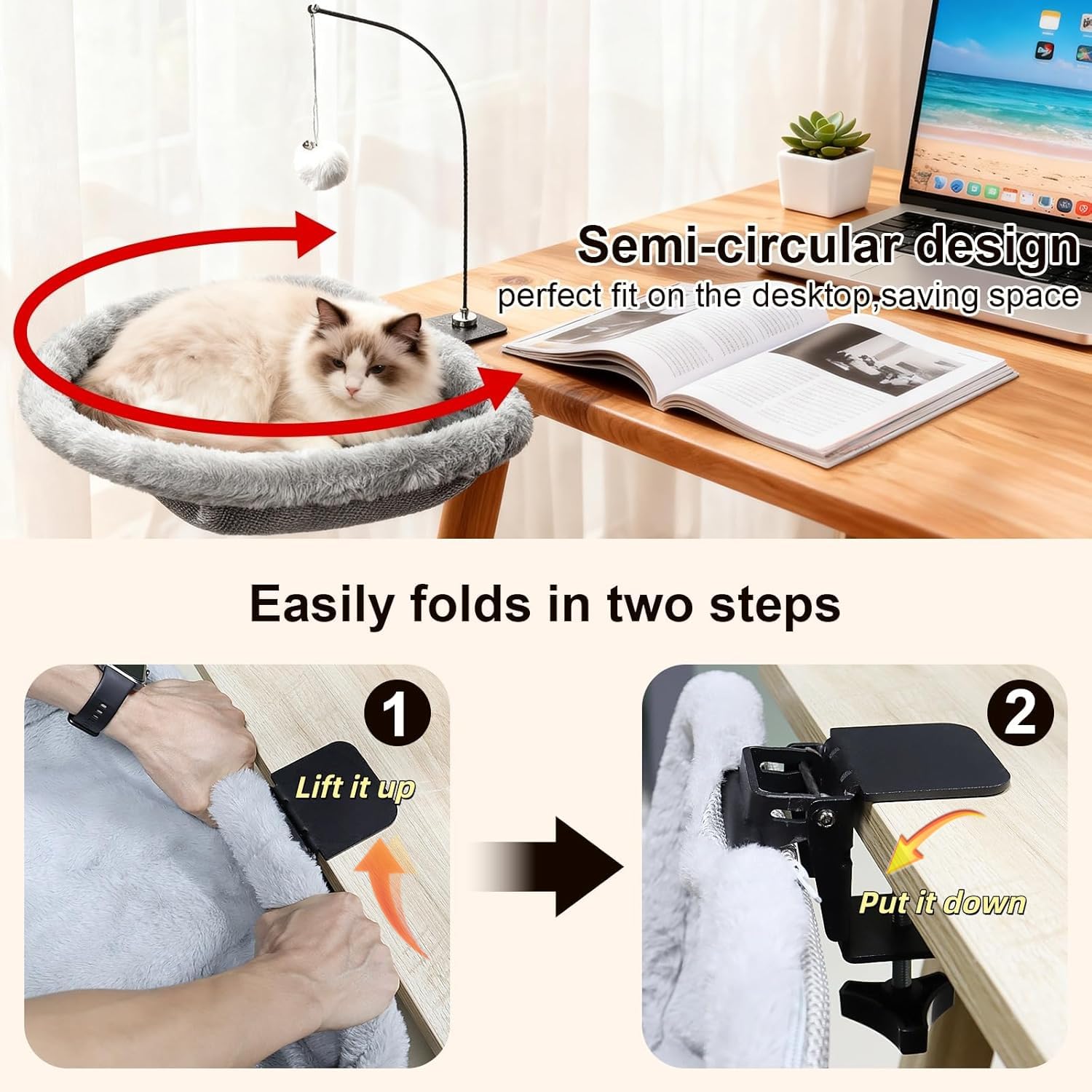 Dulvus Cat Desk Bed side-mount design saves desk space and keeps paws nearby