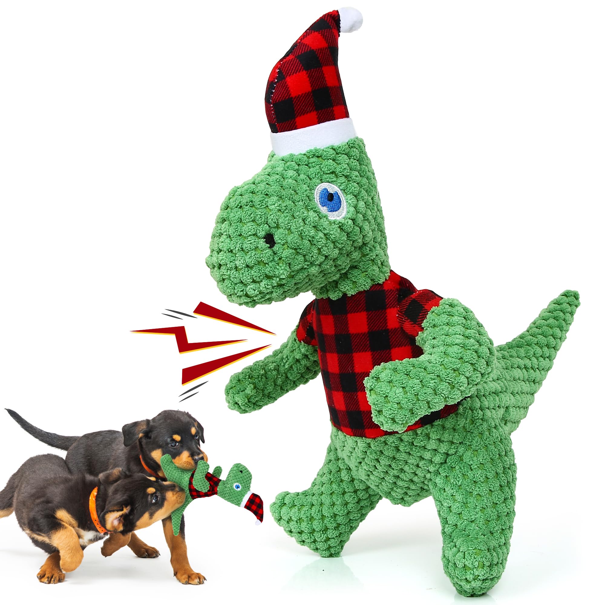 DULZILUZID Christmas dinosaur dog toy in green plush for festive playtime.
