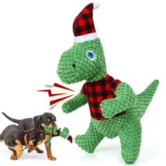 DULZILUZID Christmas dinosaur dog toy in green plush for festive playtime.