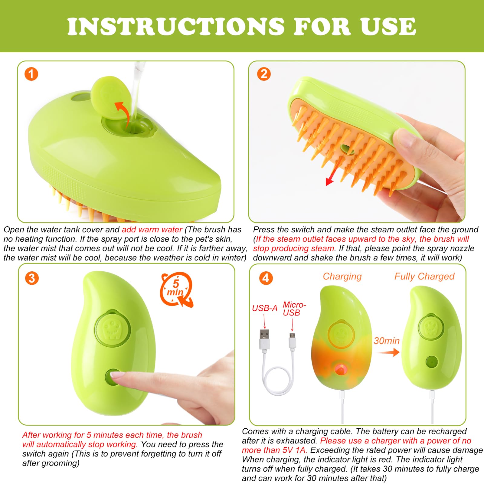 Dumpill Steam Brush supports both long- and short-haired pets for grooming.