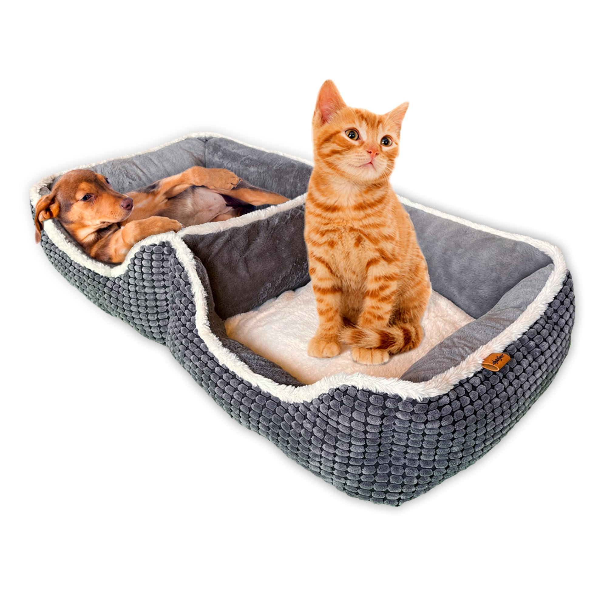 Dupligee double pet bed wide shot shows two small pets sharing space.