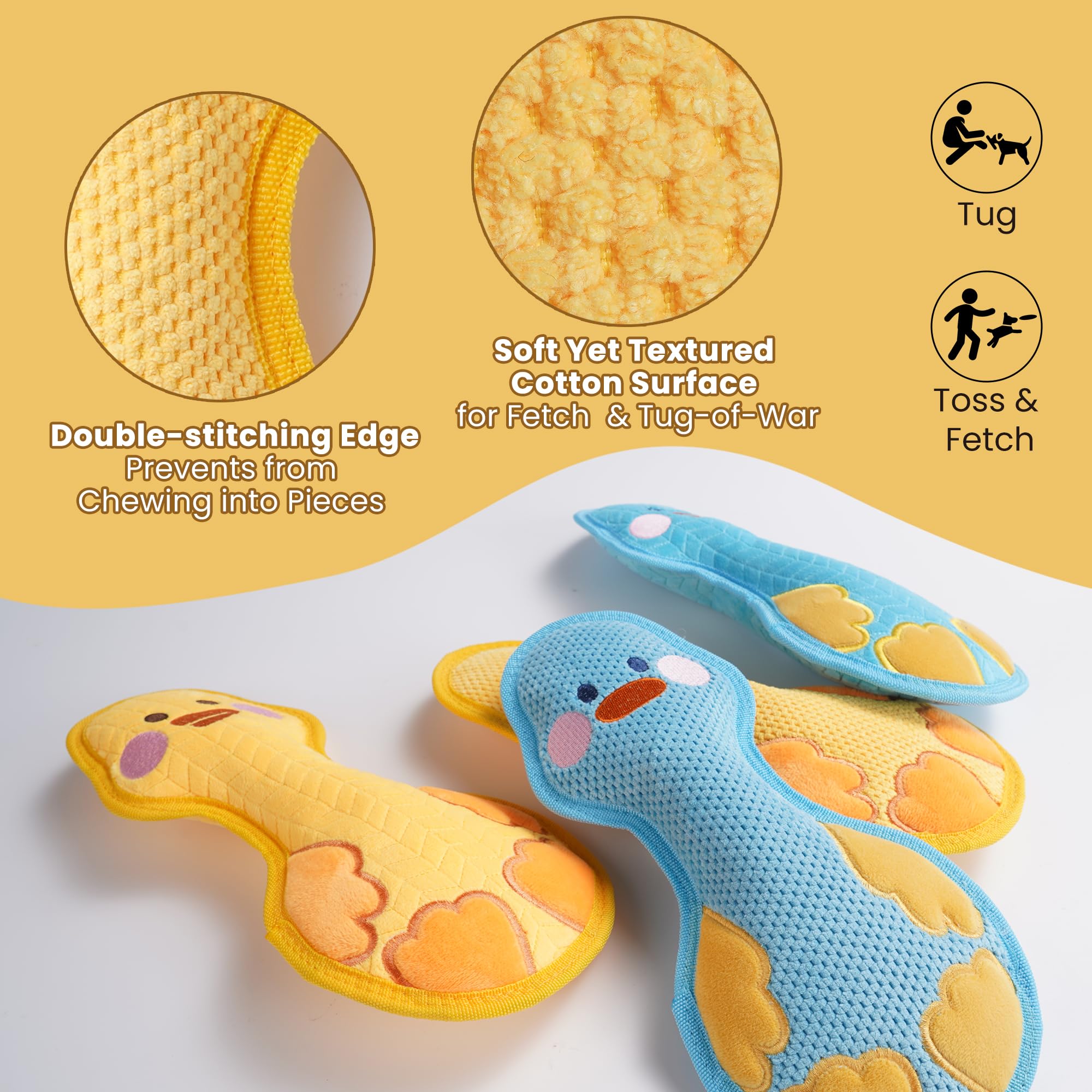 DURABITE duck squeaky toy yellow side view emphasizing interactive tug-and-fetch playtime with dogs