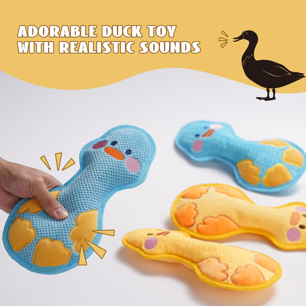 DURABITE duck squeaky toy yellow tug-play image highlighting soft cotton filling for plush feel during play