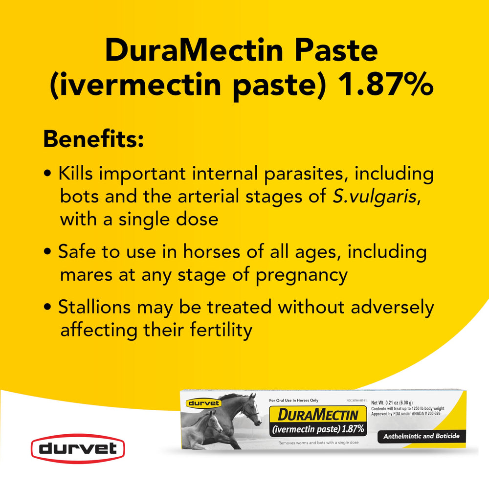 Duramectin label closeup emphasizes ivermectin strength for broad parasite coverage in horses.