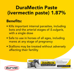 Duramectin label closeup emphasizes ivermectin strength for broad parasite coverage in horses.
