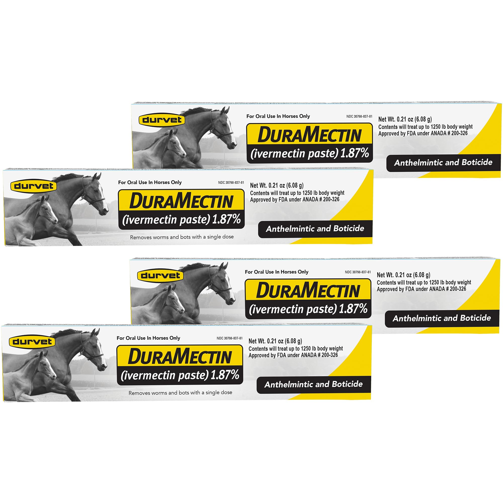 Duramectin packaging front highlights easy dosing for horse worm control.