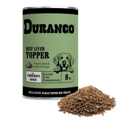 Durango dog food topper real beef liver tin front shows protein-packed flavor boost