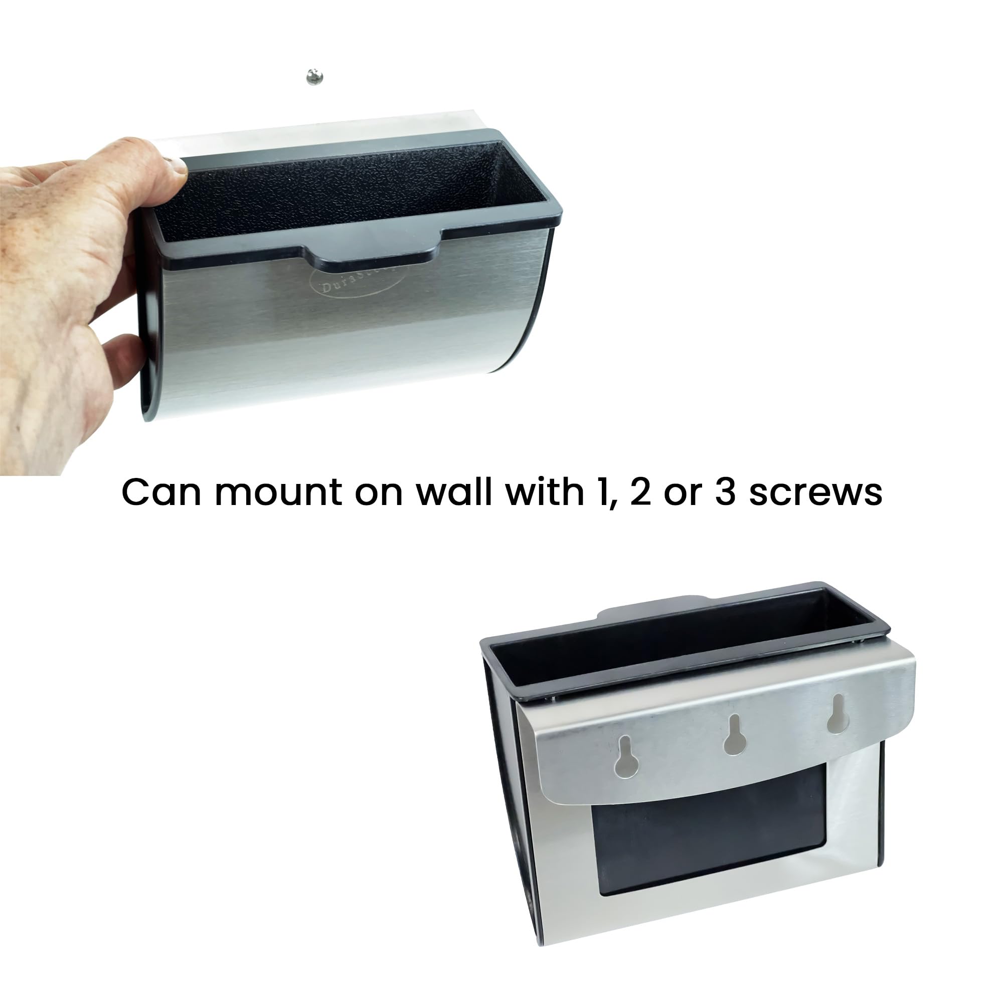 DuraScoop space-saving design hangs on pan for clutter-free floors.