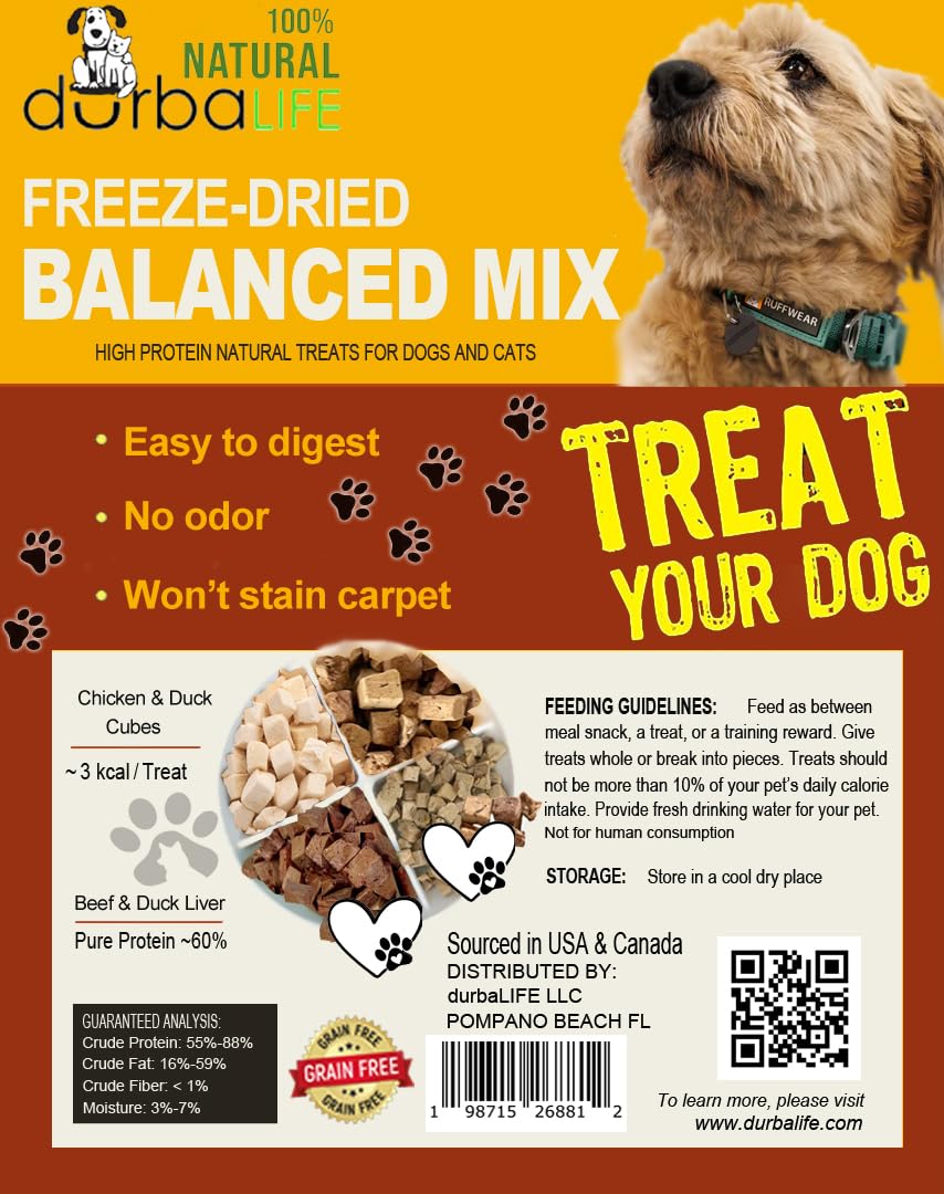 DurbaLife freeze-dried duck-chicken balanced treats in a bowl for training and meals
