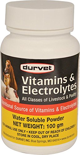 Durvet 698468 vitamins and electrolytes packaging label shows easy mixing into water