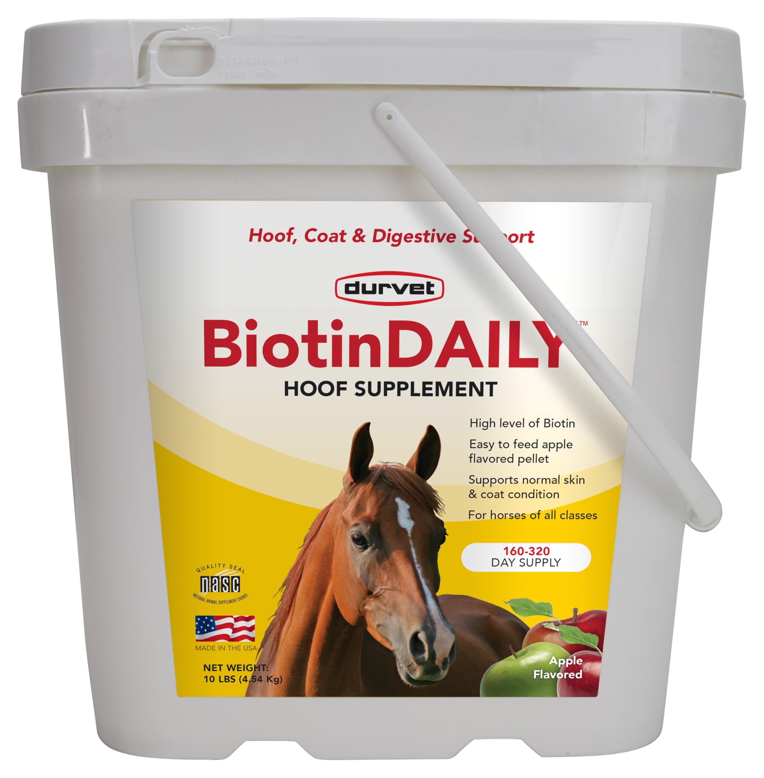 Durvet Biotin Daily 10lb bag front view showing convenient hoof and coat support