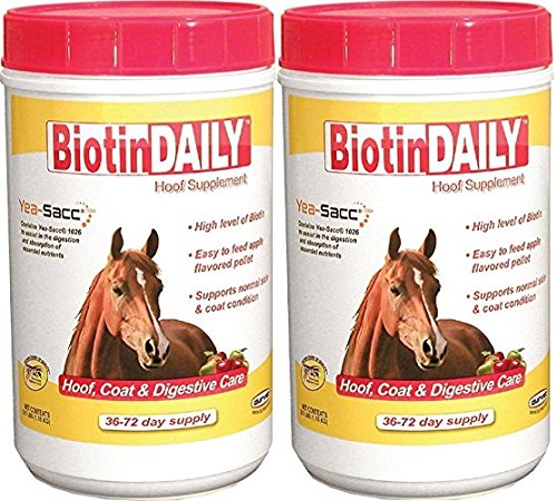 Durvet Biotin Daily Hoof Care Supplement bottle shows a 2-pack for hoof support and growth.