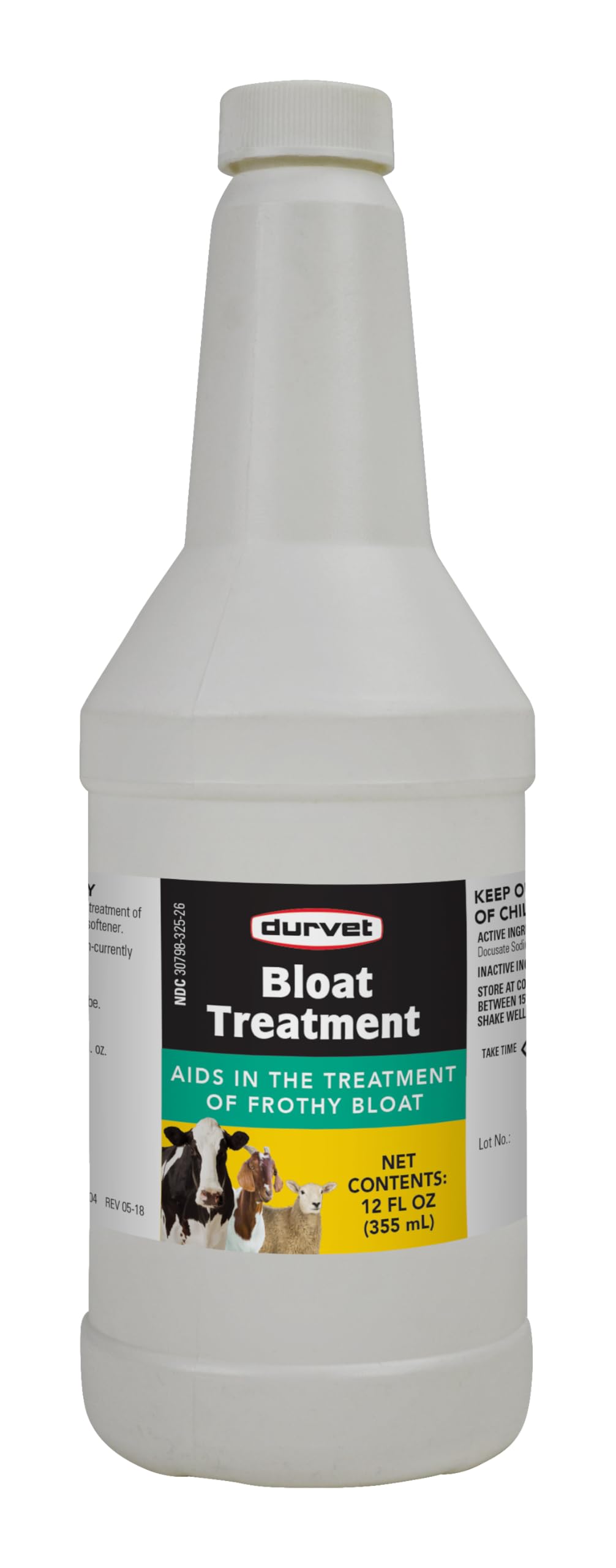 Durvet Bloat Treatment bottle front demonstrates easy administration for livestock.