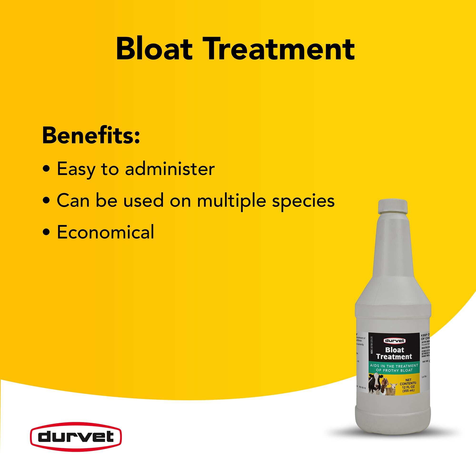 Durvet Bloat Treatment goats-use image highlights easy administration for goats.