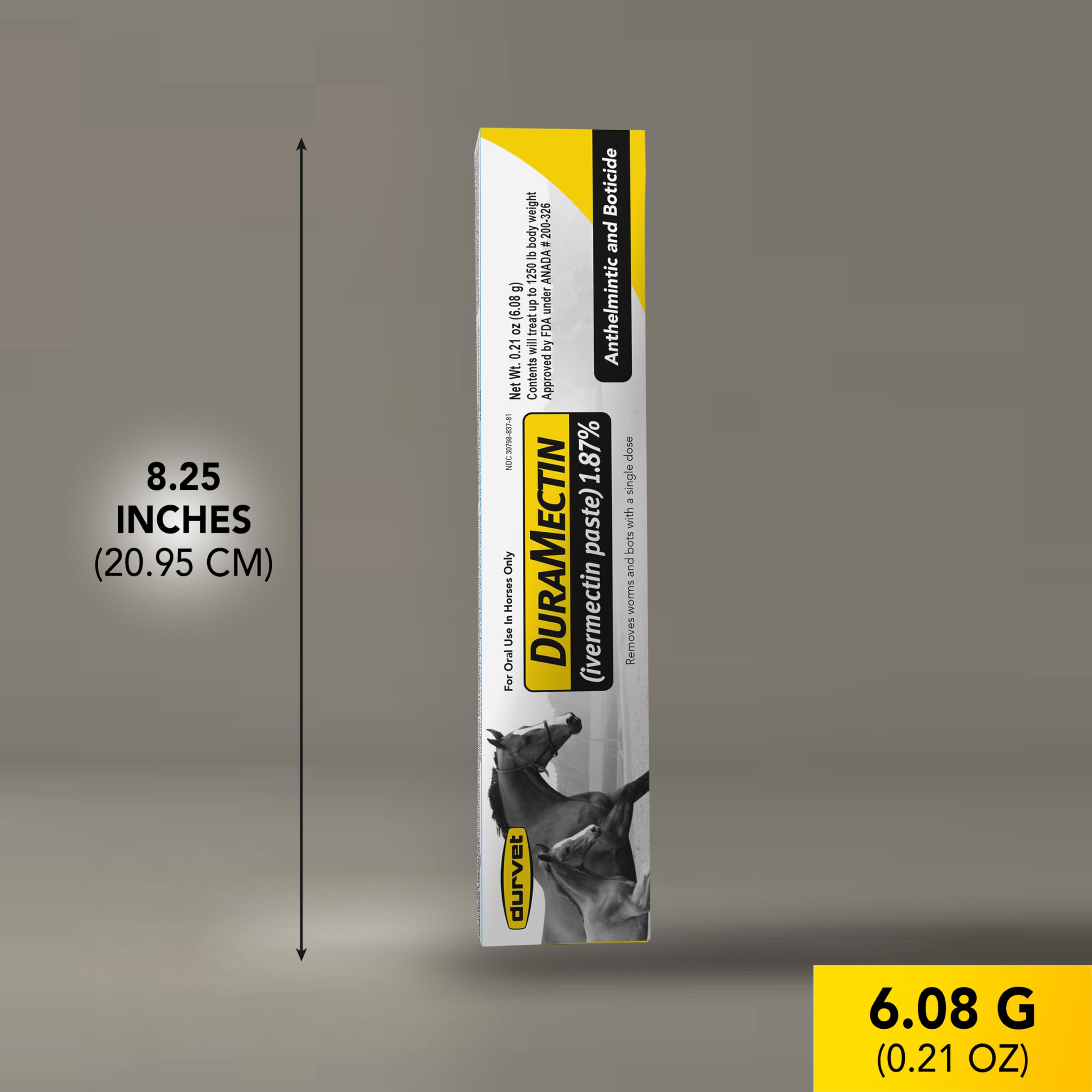 Close-up of the Duramectin label emphasizes the product details for accurate use.