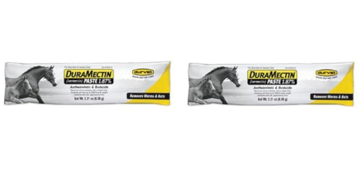 Durvet Duramectin paste bottle ready for single-dose parasite control in horses.