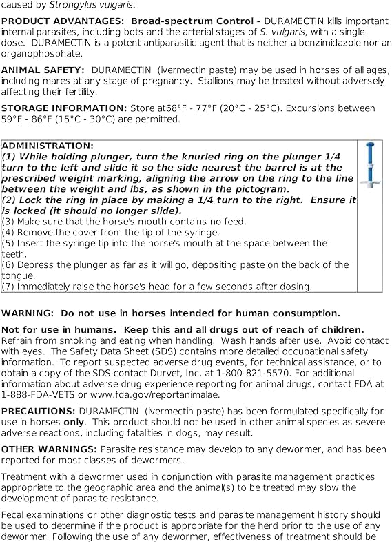 Durvet Duramectin paste dosing guide illustrating easy administration for horses.