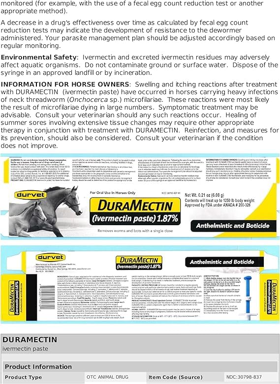 Durvet Duramectin paste label detail highlighting safety for mares during pregnancy.