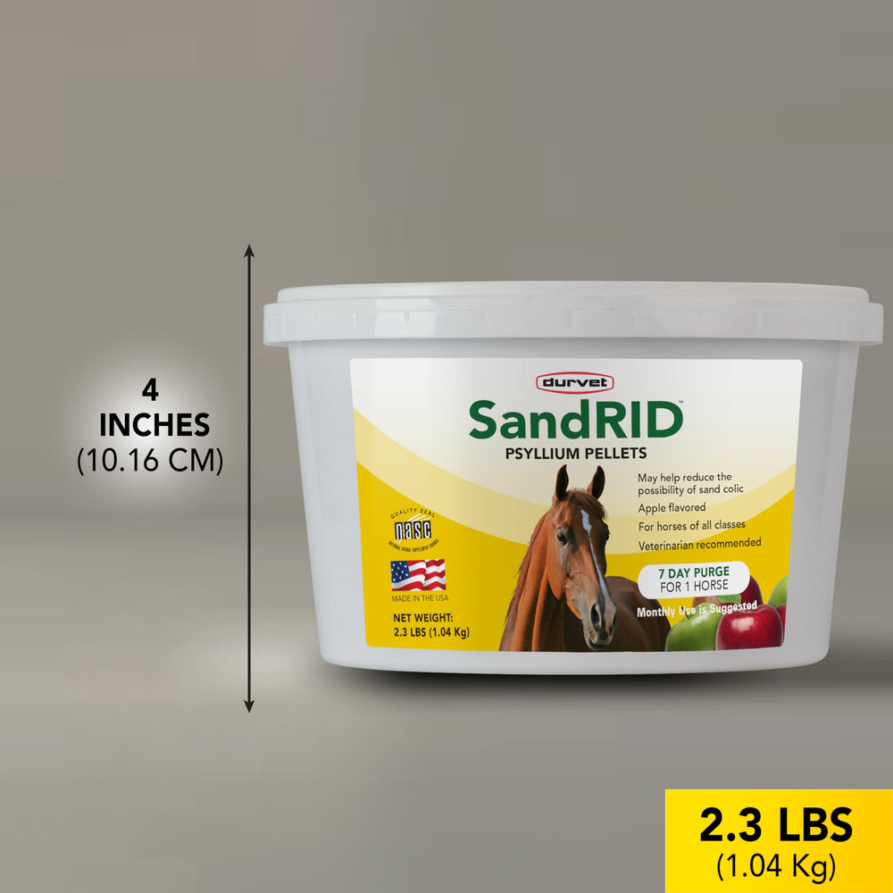 Durvet Equine Sandrid psyllium pellets closeup highlighting texture for digestion support.