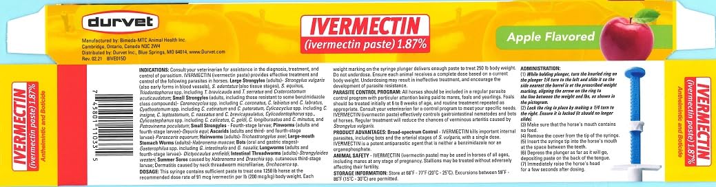 Durvet Ivermectin Paste three-pack display with individual tubes for flexible horse deworming